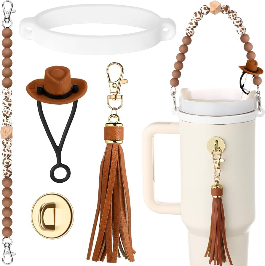 Skylety 5 Pcs Cowboy Hat Silicone Cup Accessory Set Includes Cow Hat Straw Cover Beaded Bottle St... | Amazon (US)