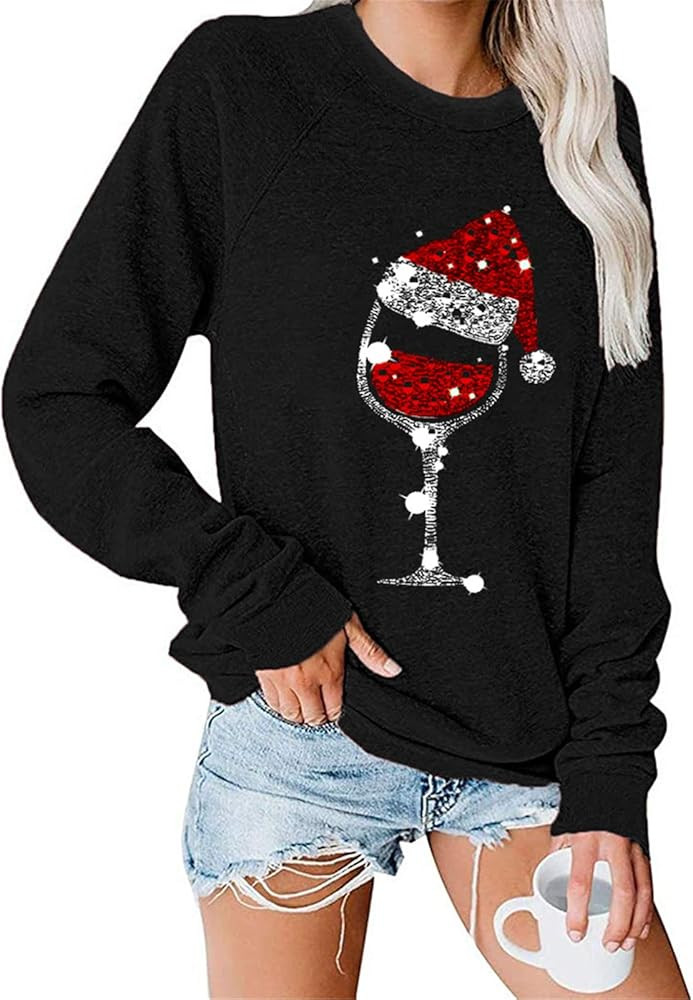 Fuyxxmer Womens Christmas Sweatshirt Red Wine Glass Santa Hat Graphic Sweater Long Sleeve Xmas Gi... | Amazon (CA)