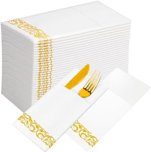 KAMMAK White Dinner Paper Napkins with Pocket Disposable 100 Pack Yellow Trim Linen Feel Wedding ... | Amazon (US)