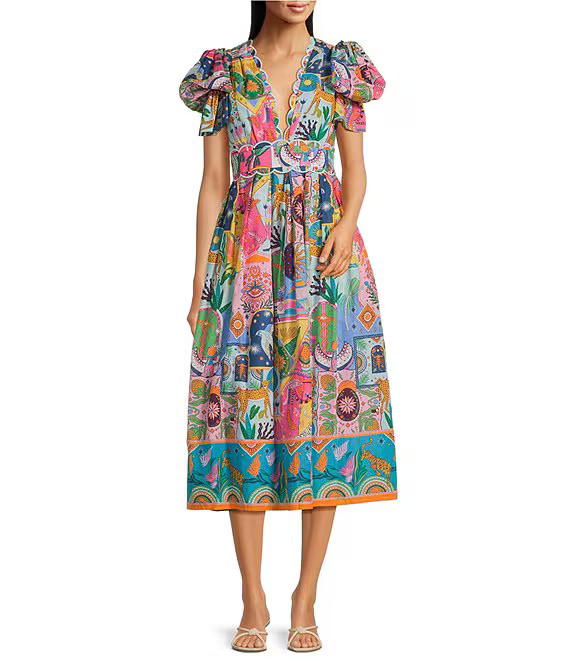 Sloane Abstract Print V-Neck Short Sleeve Bow Midi A-Line Dress | Dillard's