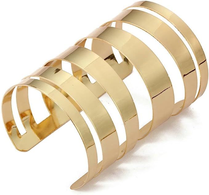 QTMY Alloy Metal Gold Hollow Hoop Open Cuff Wide Bracelet Bangle | Amazon (US)