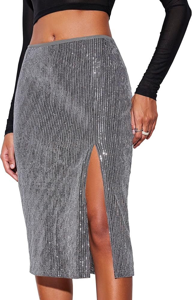 Cantonwalker Women's High Waist Front Slit Bodycon Fit Stretch Satin Work Midi Skirts 0243 | Amazon (US)