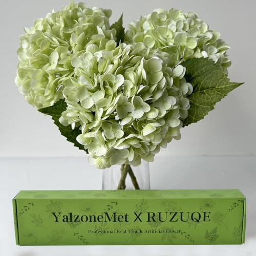 YalzoneMet RUZUQE Light Green Hydrangea Artificial Flowers, 3 Pcs Lifelike Real Touch Latex Hydrangea Fake Flowers, 21 inch Faux Green Flower for Home Wedding Decor Flower Arrangement | Amazon (US)