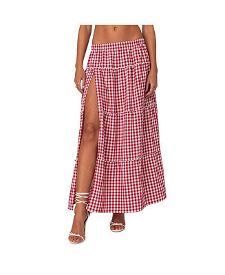 Edikted Women's Gingham Side Slit Tiered Maxi Skirt - Macy's | Macy's