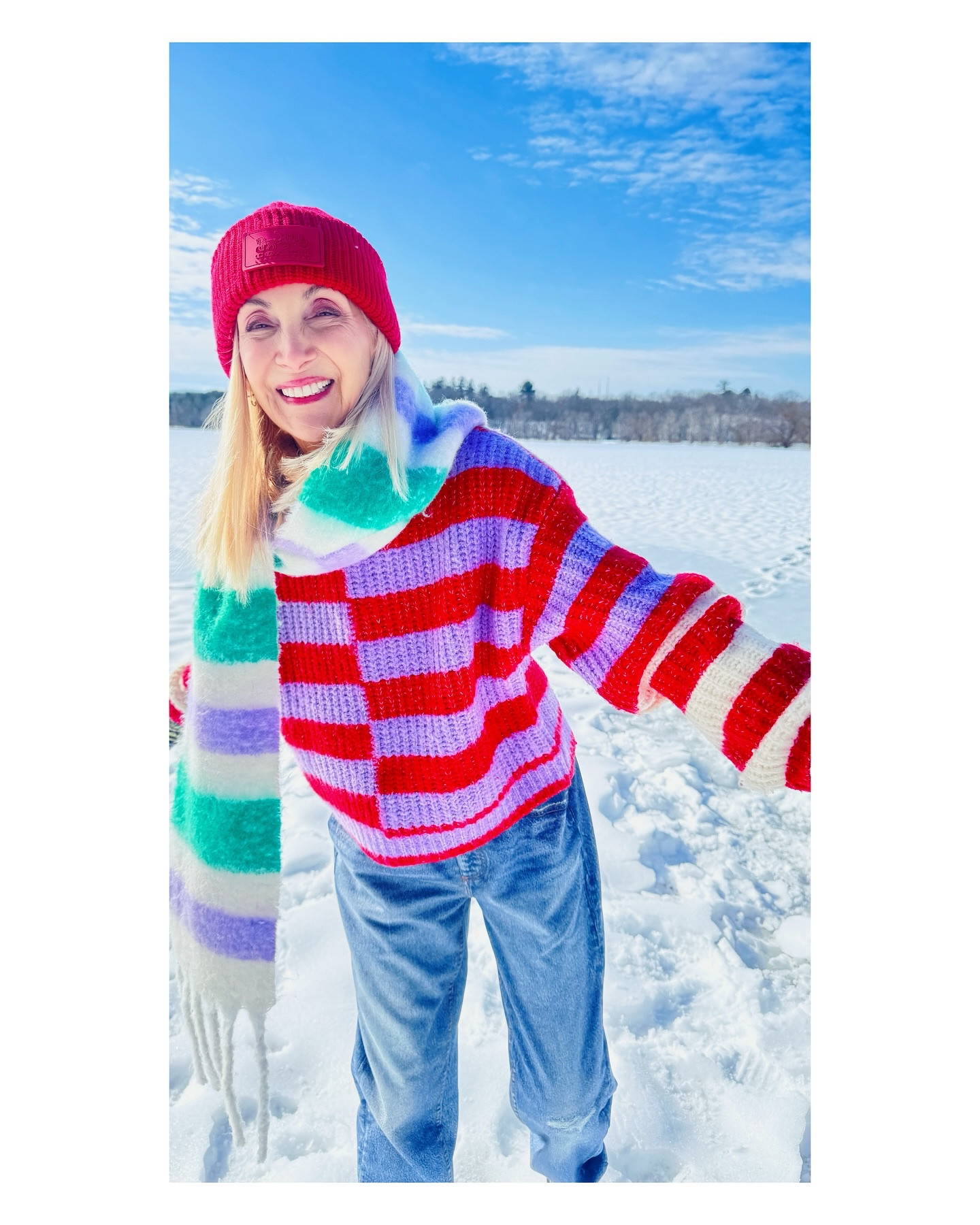 Weather alert: Temperatures above freezing may result in extreme joy ☀️❤️🤍💜

Sweater: @blanknycjeans 
Faux denim joggers: @ecru_clothing 
Hat: @coach 
Scarf: @freepeople 
Boots: @timberland 

#mystyle #closetplaydate #styledaily #styleinspo #whatiwore #personalstyle #outfitinspo #outfitideas #fashionover60 #styleatanyage #styleover60 #ltkcreator #ltkover50 #ltkover60

#LTKU #LTKStyleTip #LTKOver40