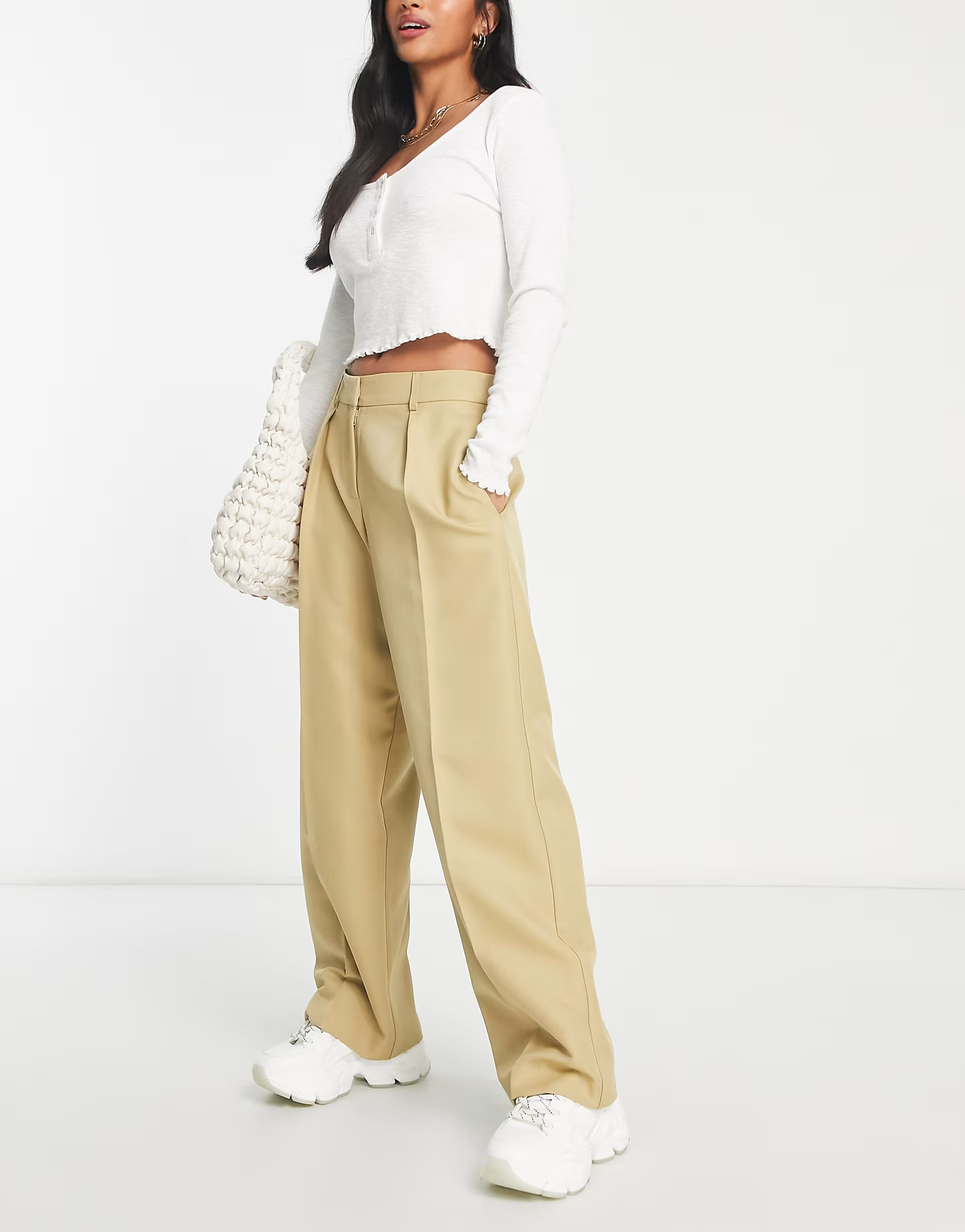 ASOS DESIGN Petite everyday slouchy boy pants in stone | ASOS (Global)