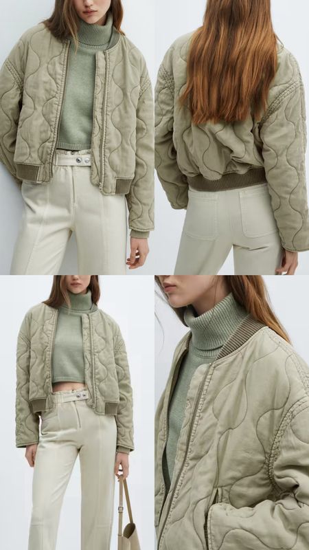 Green bomber jacket. Quilted Bomber design. Rounded neck. Under £80.  Wardrobe staple. Timeless. Gift guide idea for her. Luxury, elegant, clean aesthetic, chic look, feminine fashion, trendy look, workwear. Mango outfit idea. 

#LTKfindsunder100 #LTKSeasonal #LTKworkwear