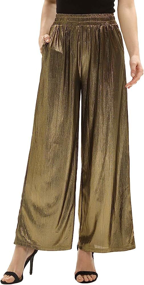 GRACE KARIN Women’s Casual Loose Elastic Shiny Pocket Wide Leg Pants Trousers | Amazon (US)
