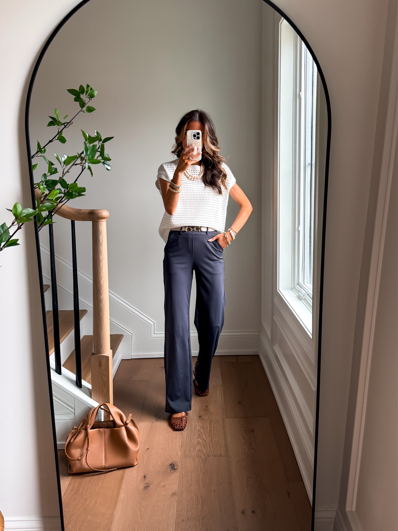 Crochet top fits true to size. Wearing a xsmall cami underneath. Wrinkle free work pants  come in lengths! I’m 5’6” wearing a xsmall 33” inseam

#LTKselfcare #LTKWorkwear #LTKmomlife