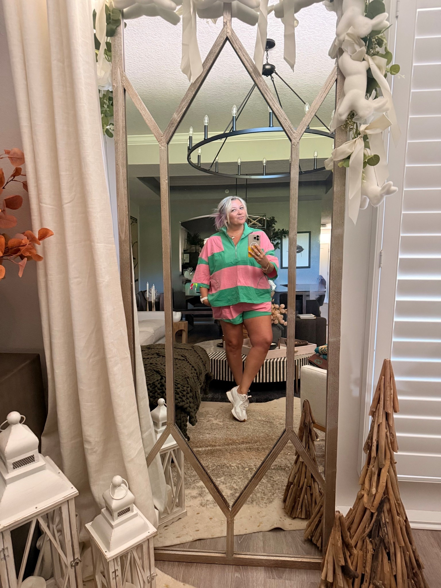 14 outfits later…….  It 100% feeling myself today.   First few outfits - ugh. Nothing.  
Then I settled on the pink top and leggings.   In my bedroom it looks cute.  Walked out to take my pic - 😵‍💫. Major fail.  My pinks didn’t  match.  The T-shirt is super cute, but meant to be more I think with jeans or cute barrel denim. The leggings immediately went into the donation pile. Since finding leggings that I love, anything with a front seam -  out it goes. It’s not flattering on anyone. 
Back to the drawing board, and saw this cute FP “duupe” set from Amazon and a pair of my favorite new balance kicks. Finally feel cute and pulled together, and ready to start my day. 

#LTKdayinmylife #LTKgrwm #LTKootd