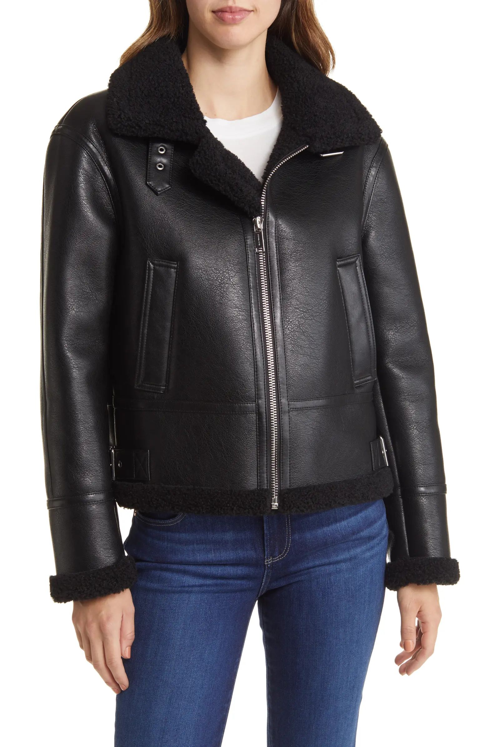 Faux Leather Jacket with Faux Shearling Trim | Nordstrom