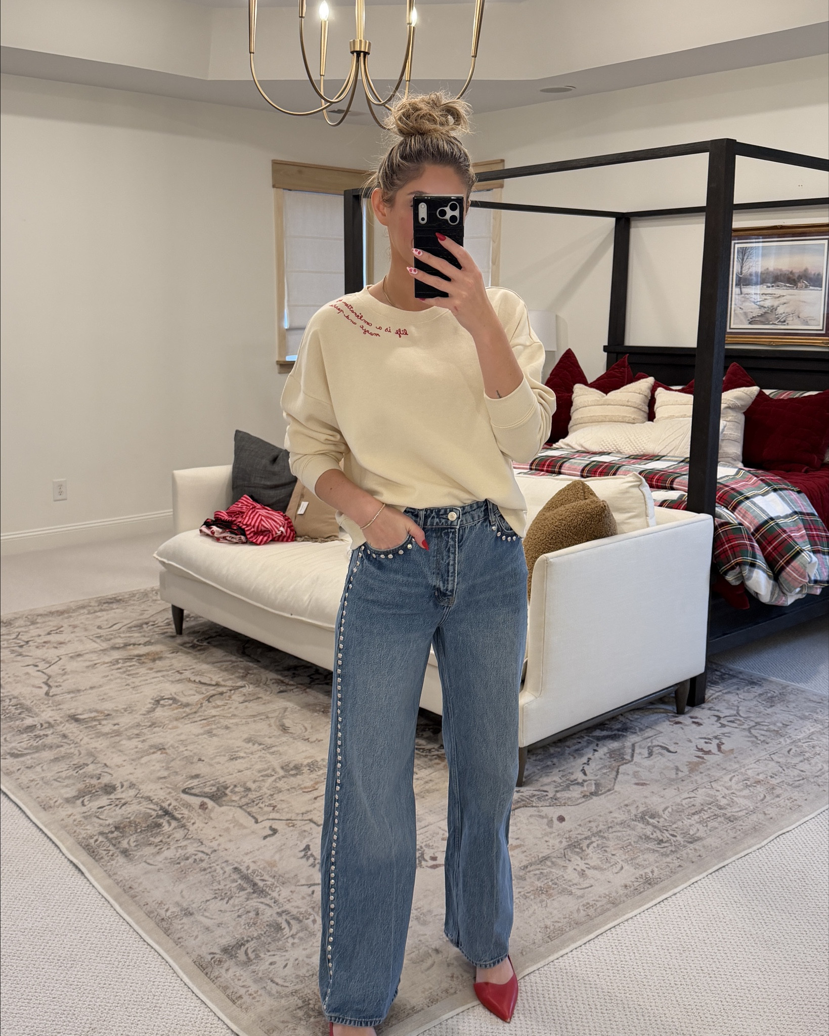 Today’s outfit of the day! Cute valentines pasta sweater from Anthropologie and studded tall girl friendly jeans from reformation 

#LTKootd #LTKTall #LTKFindsUnder100