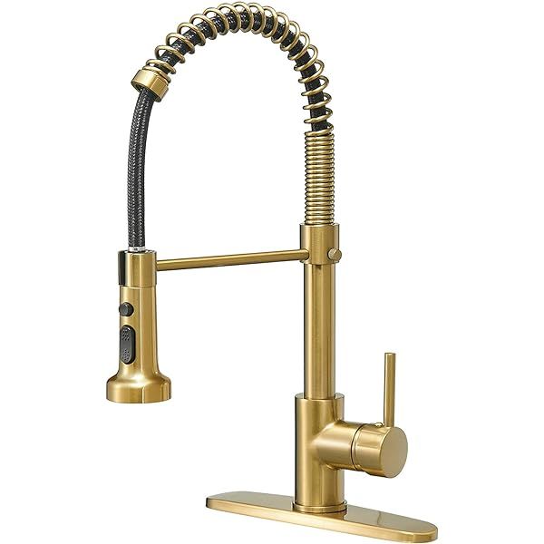 Hoimpro Brushed Gold High Arc Spring Kitchen Faucet with Pull Down Sprayer, Commercial Rv Single Lev | Amazon (US)