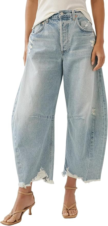 Allimy Womens Jeans Mid High Waisted Wide Leg Cut Horseshoe Baggy Raw Hem Jeans for Women Trendy ... | Amazon (US)