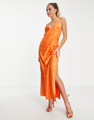 Miss Selfridge satin jacquard lace back midaxi slip dress in orange | ASOS (Global)