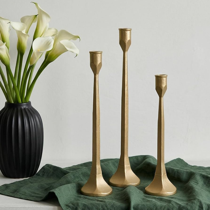 Amazon.com: CYNTHRAX Gold Iron Taper Pillar Candle Holders Set of 3, Candlestick Holders Rustic Vintage Decorations, Tall Candle Stand for Home Decor Mantle Dining Coffee Table Outdoor Wedding-11.8"+13.8"+15.4" : Home & Kitchen | Amazon (US)