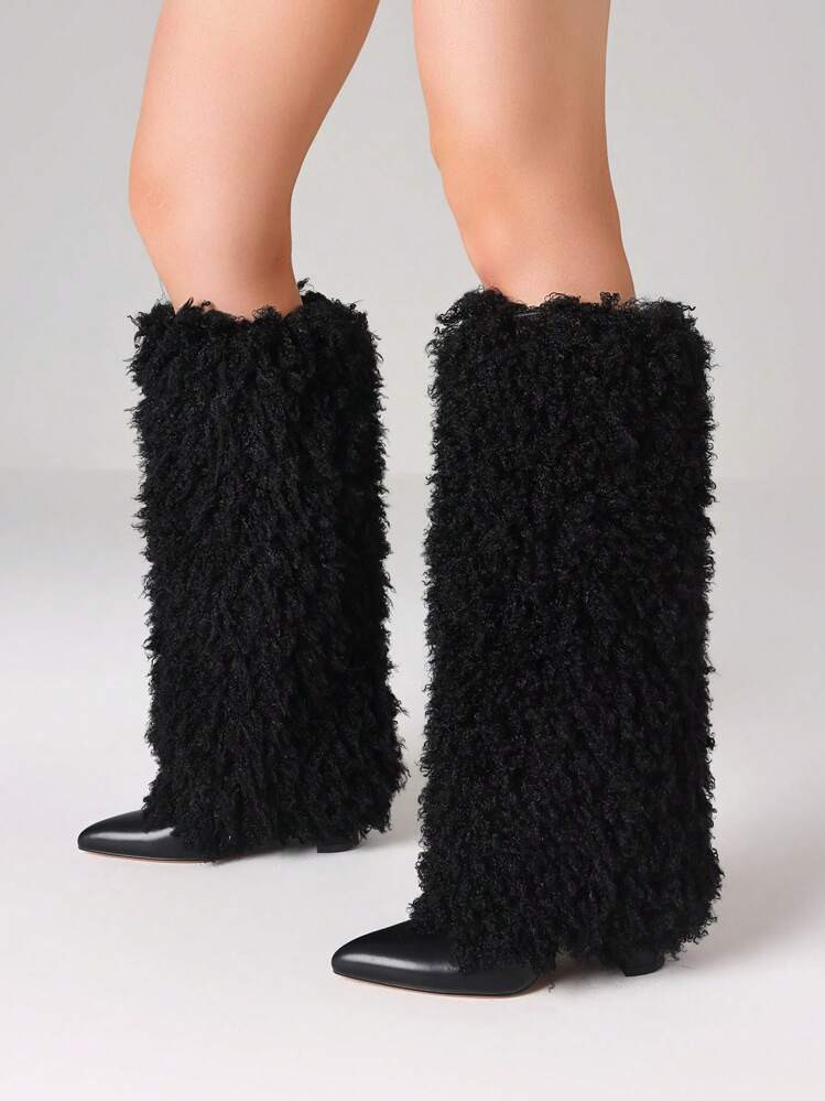 Women's Furry Fluffy Fold Over Knee High Shark Boots Fashion Pointed Toe Chunky High Heels Party ... | SHEIN