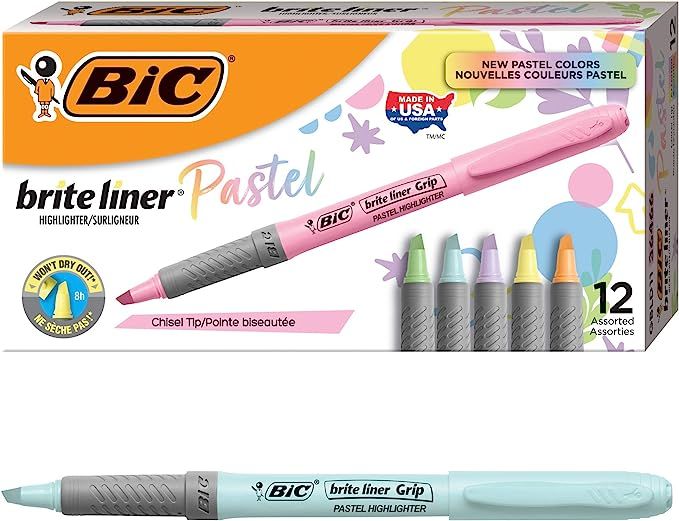 BIC Brite Liner Grip Pastel Highlighters, Assorted Ink Colors, Chisel Tip - Box of 12 Assorted Pa... | Amazon (US)