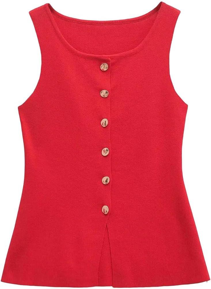 Women's Office Lady Slim Fit O-Neck Button Front Sleeveless Tank Top Single Breasted Knitted Swea... | Amazon (US)