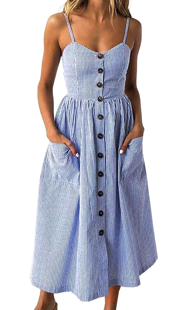 Angashion Women's Dresses-Summer Floral Bohemian Spaghetti Strap Button Down Swing Midi Dress | Amazon (US)