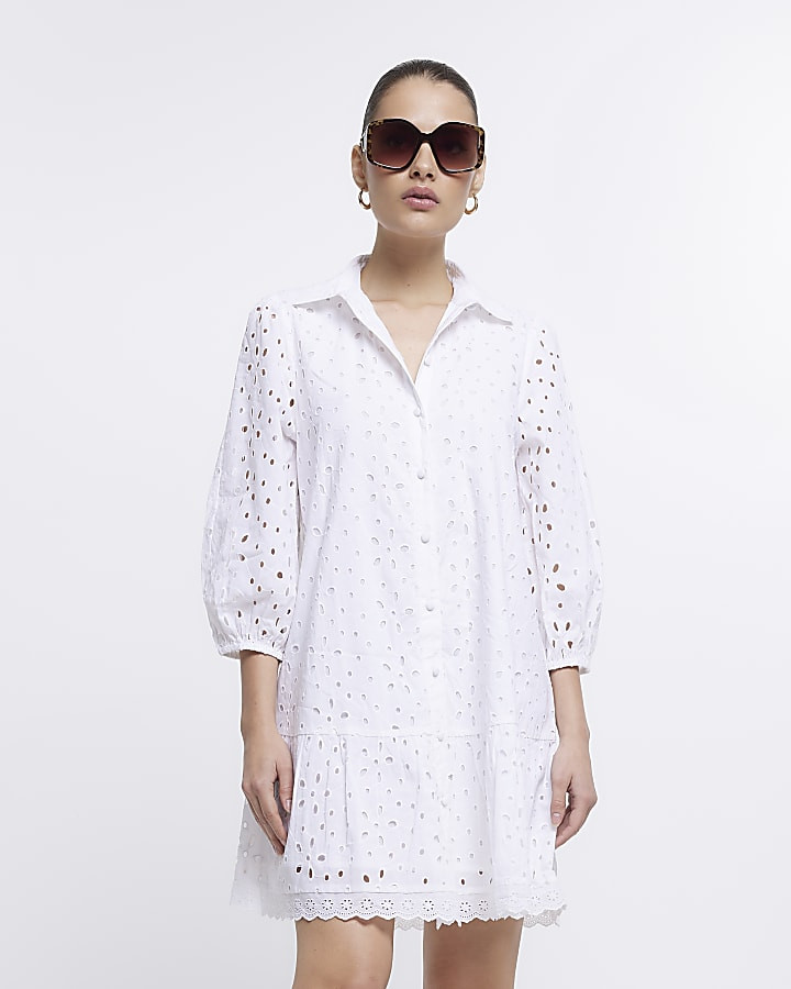 Blue broderie long sleeve mini shirt dress | River Island (US)