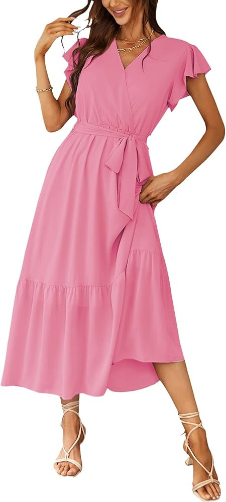 PRETTYGARDEN Women's 2024 Floral Boho Dress Wrap V Neck Short Sleeve Belted Ruffle Hem A-Line Flo... | Amazon (US)