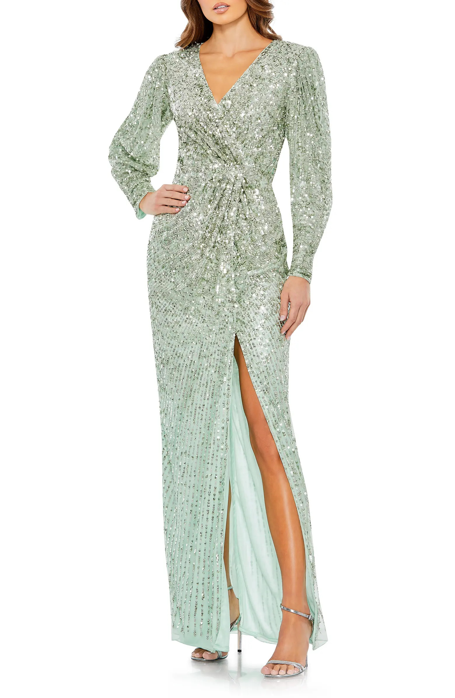 Sequin Wrap Bodice Long Sleeve Gown | Nordstrom