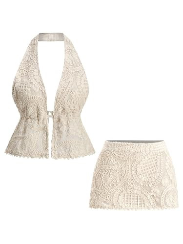 winkbay Women's 2 Piece Beach Vacation Outfits Boho Embroidered Peplum Backless Halter Crop Top and Mini Skirt Set Apricot Small | Amazon (US)