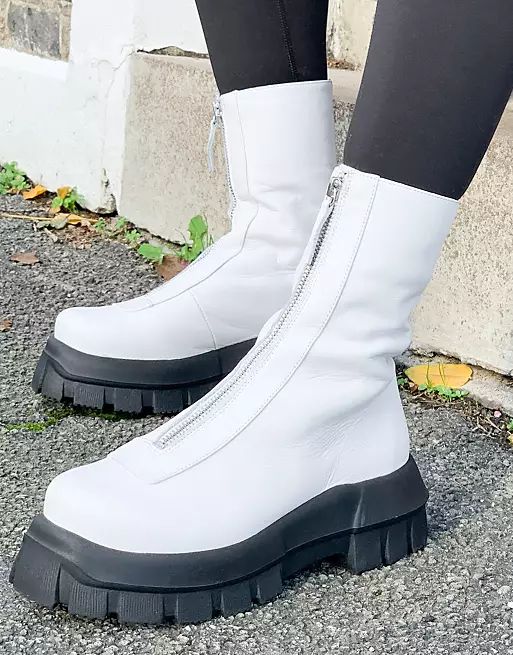 ASOS DESIGN Apricot premium leather chunky zip front boots in white | ASOS (Global)