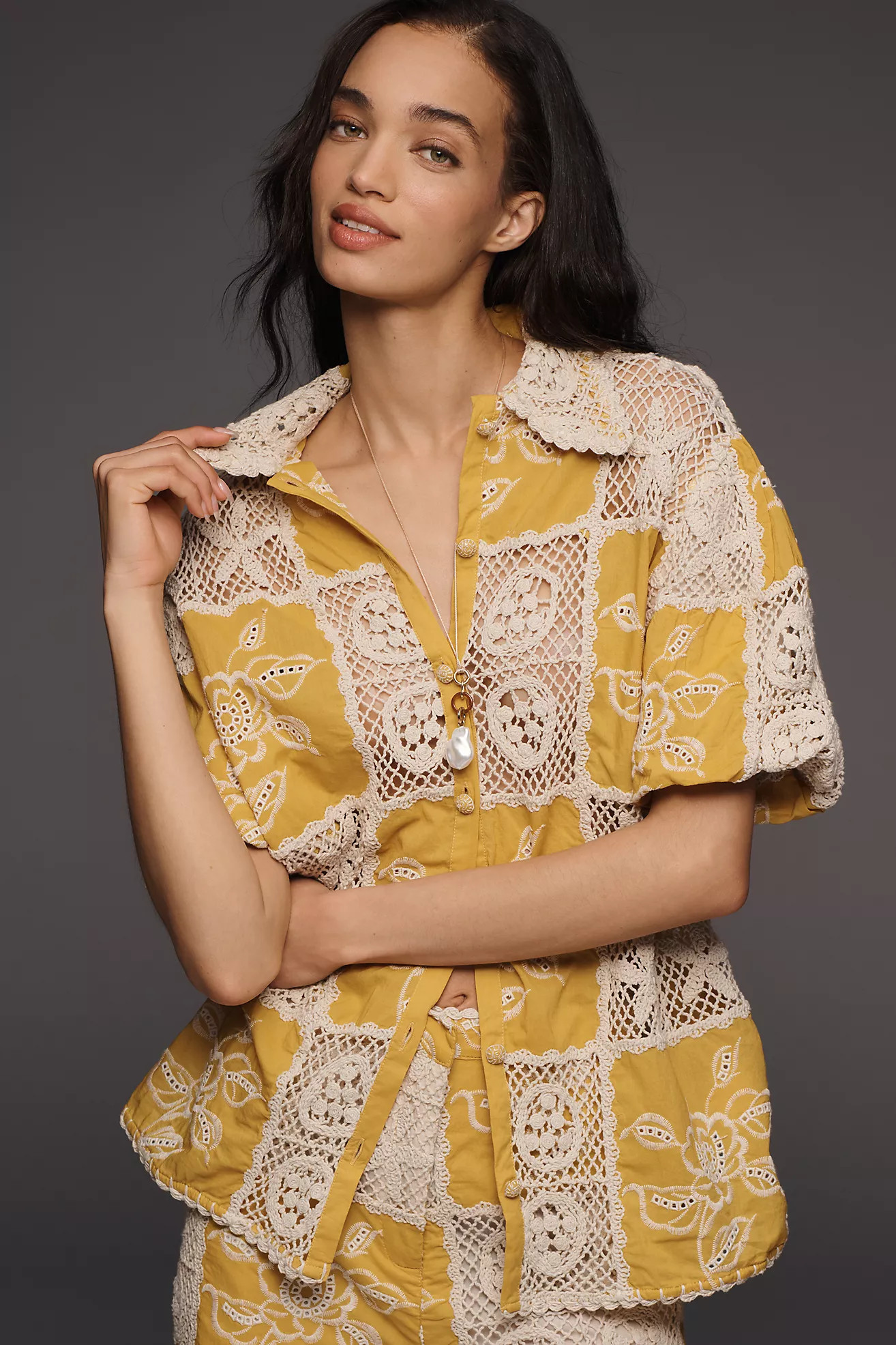 Farm Rio Lace Short-Sleeve Buttondown Top | Anthropologie (US)