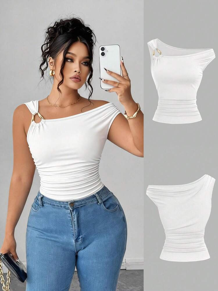 Elenzga Plus Size Asymmetric Collar Fitted T-Shirt, Versatile Casual Top, Spring/Summer | SHEIN