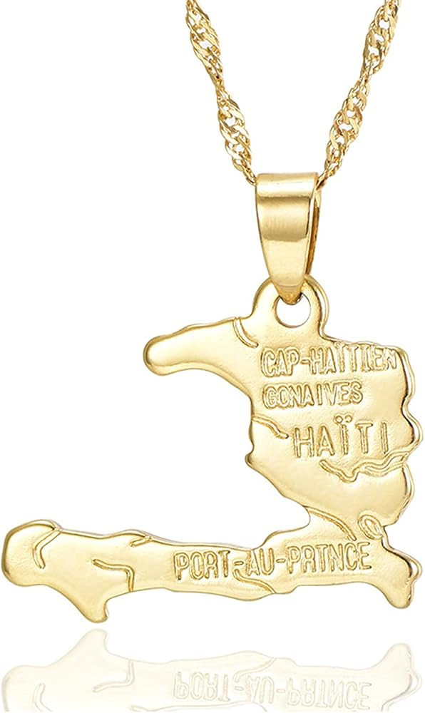Hip Hop Plated 18K Gold Haiti Map Tag Pendant Necklace | Amazon (US)