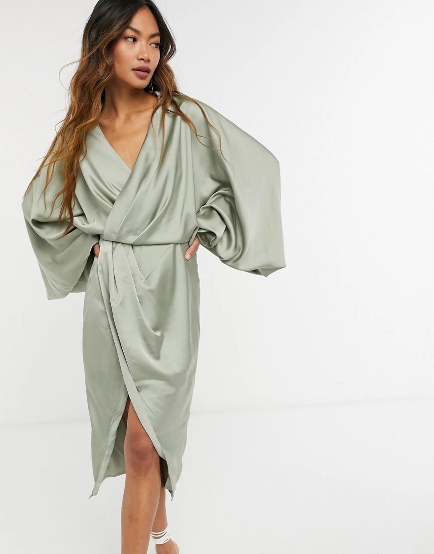 ASOS DESIGN blouson sleeve satin shirt dress with open back in olive-Green | ASOS (Global)