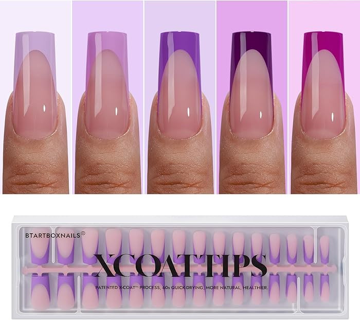 BTArtboxnails XCOATTIPS Purple French Tip Press On Nails - Long Press On Nails Square, Soft Gel N... | Amazon (US)