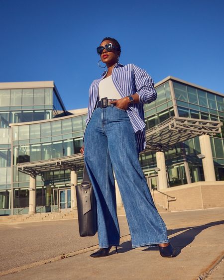 Elevated casual with jeans and an oversized button-down shirt 💙 Wide-leg jeans outfit, striped shirt, how to style stripes, large tote bag, Banana Republic, J.Crew, M.Gemi, Amazon fashion, weekend outfit, Summer style, denim outfit

#LTKover40 #LTKstyletip #LTKmidsize