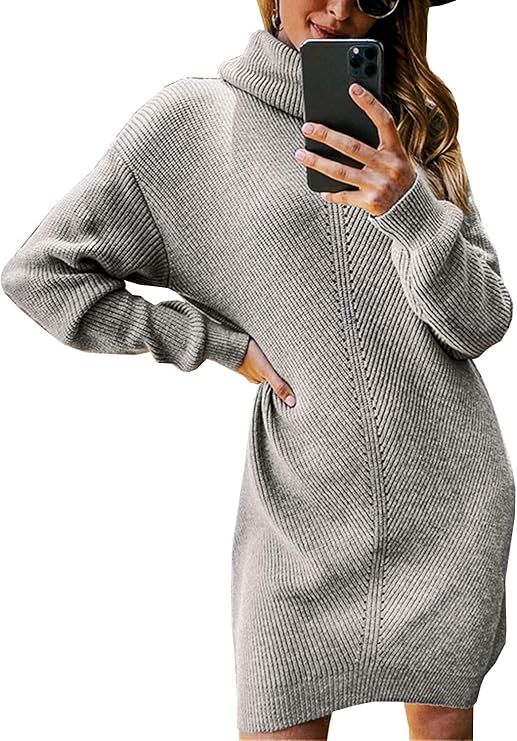 Miessial Women's Thick Cable Knit Turtleneck Sweater Midi Dress Winter Elasticity Long Pullover S... | Amazon (US)