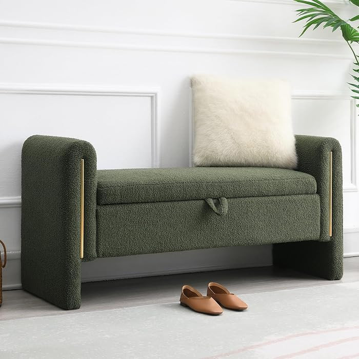 52" Storage Ottoman Bench, Teddy Upholstered Storage Bench with Armrest, Entryway Bench with Pull... | Amazon (US)
