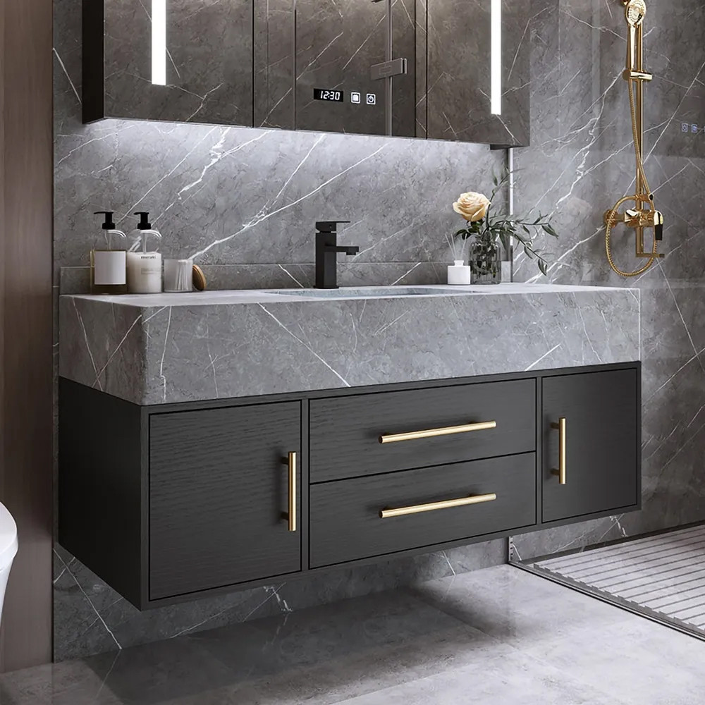 39.4"" Floating Bathroom Vanity Wall Mounted Cultured Marble Top Bathroom Cabinet Black with Sink | Homary