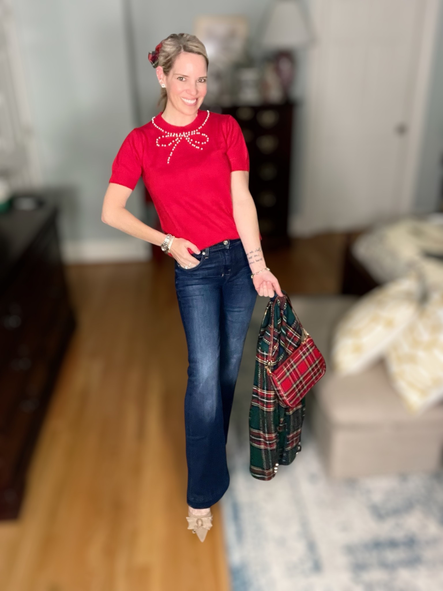 Festive casual but still polished 🎀✨
I threw my pearl bow sweater on with my favorite bootcut jeans and added the cutest plaid blazer for an instant holiday outfit. It’s giving “December errands → school program → cookie exchange” energy and I love it ❤️

Swap heels for flats if you’re running around all day — but these bow slingbacks are too adorable not to show off 🎁

And yes… the plaid hair bow is the moment. Just trust me 🎀😌

Fit Notes:
• Sweater TTS
• Blazer TTS / soft + comfy
• Jeans are a flattering bootcut with stretch
• Heels run TTS

The easiest little outfit that feels festive without trying too hard.

⸻



holiday casual outfit ideas, everyday christmas outfit, festive blazer outfit, plaid blazer holiday look, red sweater outfit winter, pearl bow sweater, holiday mom style, christmas school program outfit, comfy cute holiday outfit, holiday teacher outfit ideas, winter jeans outfit inspiration, bootcut denim outfit, tartan accessories outfit, december wardrobe staples, christmas errands outfit, classic holiday preppy style


#LTKItBag #LTKHoliday #LTKFindsUnder50