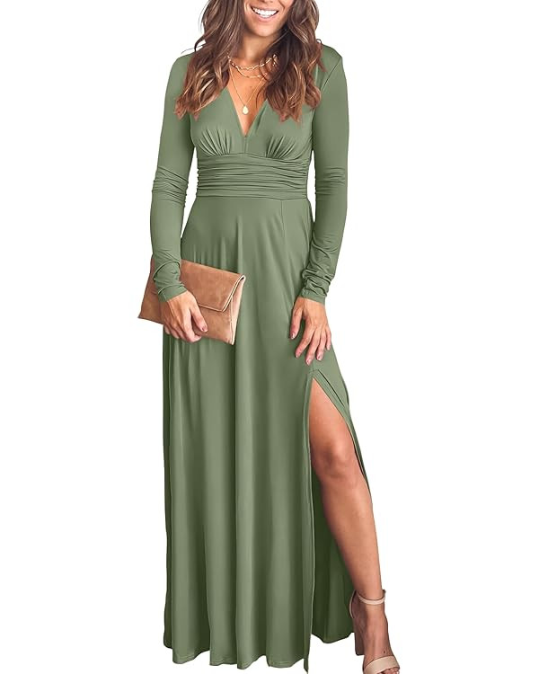ANRABESS Women Deep V Neck Long Sleeve Slit 2025 Fall Elegant Formal Wedding Guest Cocktail Eveni... | Amazon (US)