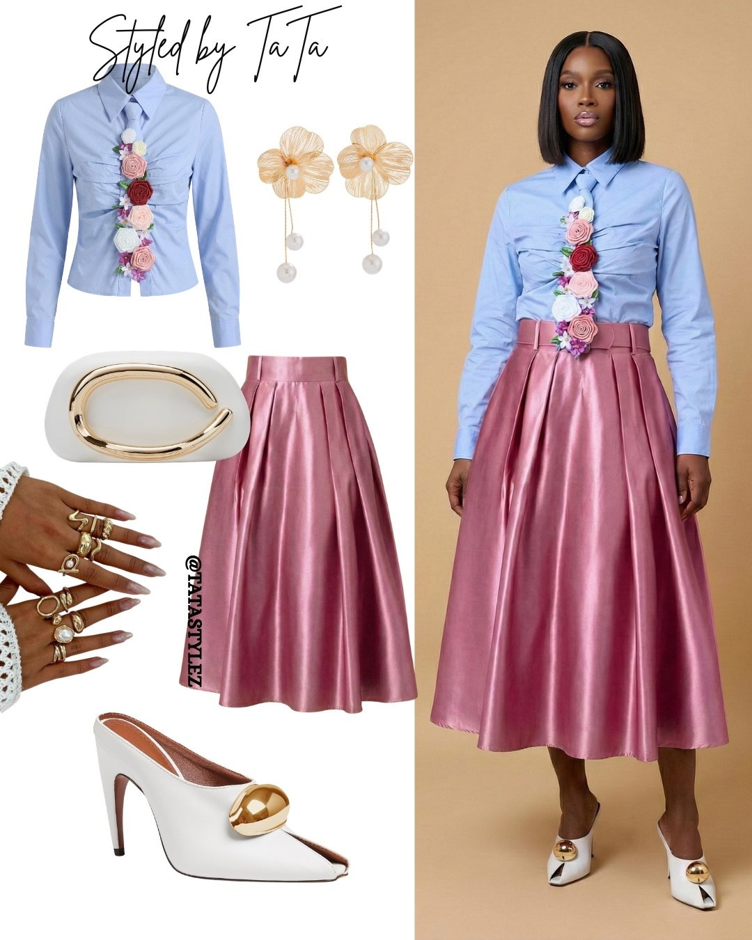 Soft structure with statement detail. A tailored blue blouse and luxe rose satin skirt with gold accents for a polished, feminine look. Perfect for luncheons, conferences, church, bridal showers, or elevated daytime events.

#LTKWorkwear #LTKootd #LTKMidsize