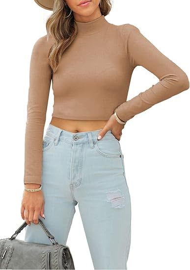 SANDERY Women's Long Crop Sleeve Mock Neck Basic Ribbed Slim Tee Top Fitted Blouse Shirts | Amazon (US)