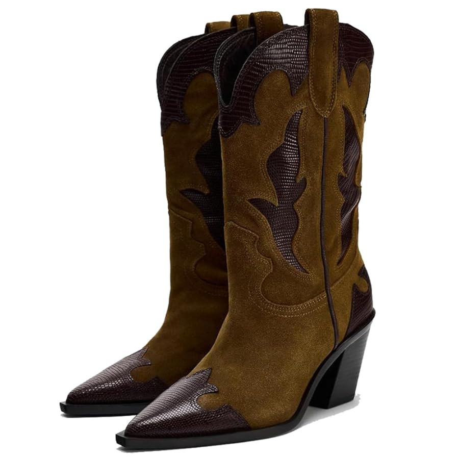 YIYA Brown Suede Cowboy Mid Calf Boots for Women Wide Calf Western Embroidered Cowgirl Boots Poin... | Amazon (US)