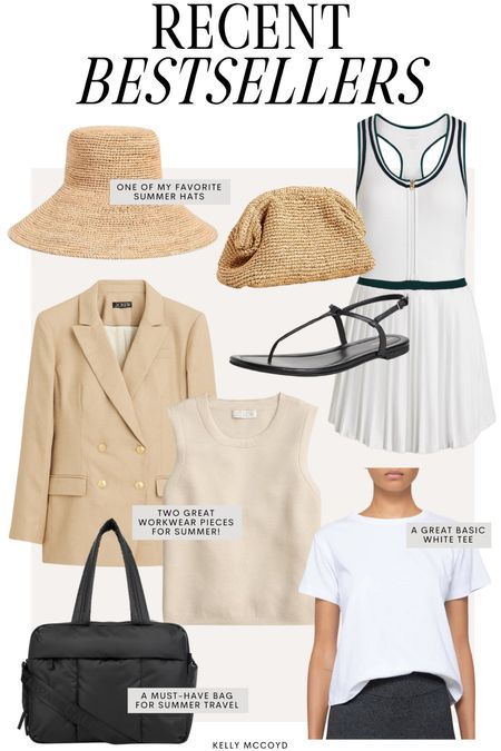 Recent bestsellers for Summer - bucket bag, tennis dress, raffia clutch, linen blazer, white tee, travel bag 

#LTKSeasonal