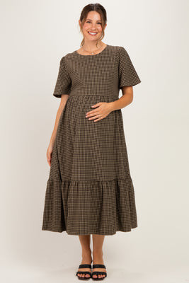 Brown Gingham Short Sleeve Maternity Midi Dress | PinkBlush Maternity