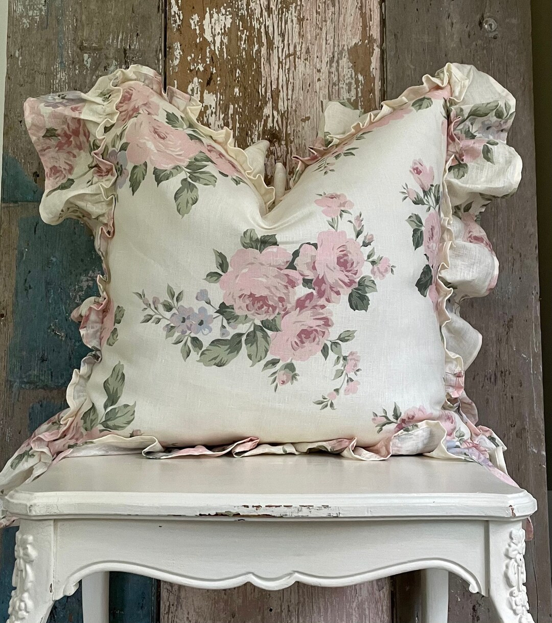 Linen Floral Roses Ruffle Pillow Cover Ivory and Pink Shabby - Etsy | Etsy (US)