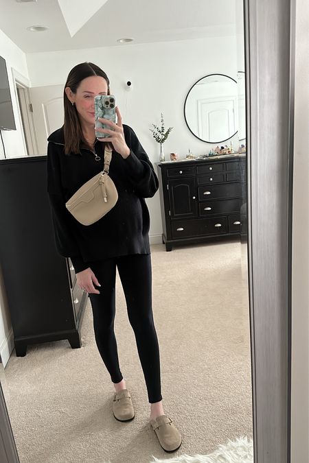 Maternity style. Third trimester. Amazon sweater. Bum bag. Maternity leggings 
