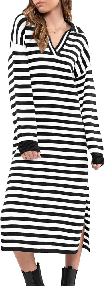 Yousify Sweater Dress for Women Long Sleeve Striped Color Block V Neck Casual Fall Dresses XS-XL | Amazon (US)
