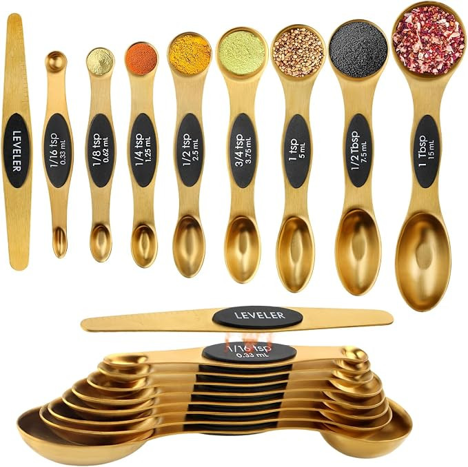 Gold Magnetic Measuring Spoons Set Stainless Steel with Leveler, Dual-Sided Stackable Metal Measu... | Amazon (US)
