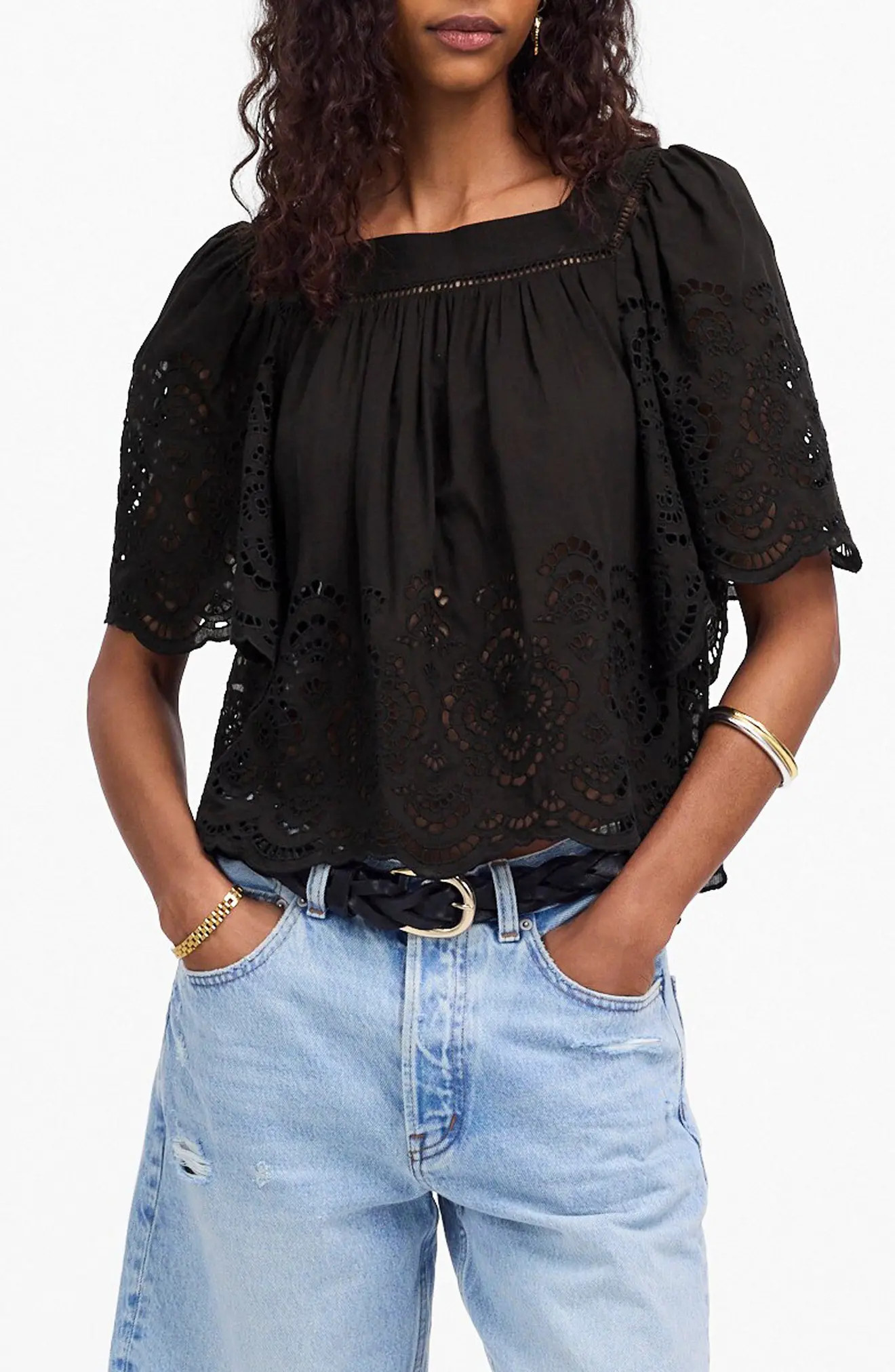 Eyelet Flutter Sleeve Cotton Blend Top (Women) | Nordstromrack | Nordstrom Rack